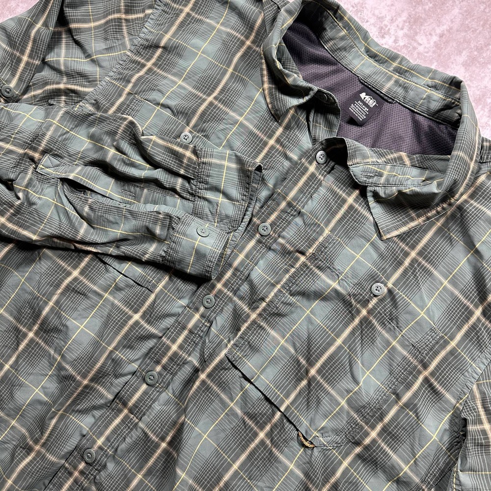 REI Co-op Button Down Shirt Mens XXL Green Plaid Vented Long Sleeve Hiking